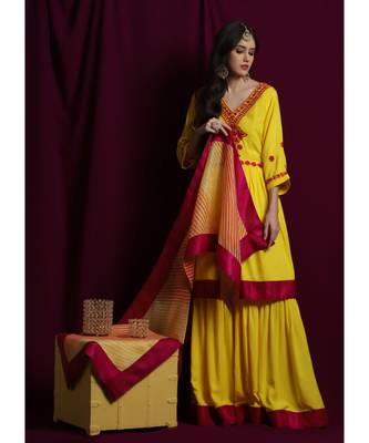 Chikankari Yellow rayon kurti  and  garara with pink silk  border paired with yellow kota  leheriya duppatta 1