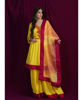 Chikankari Yellow rayon kurti  and  garara with pink silk  border paired with yellow kota  leheriya duppatta 2