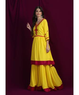 Chikankari Yellow rayon kurti  and  garara with pink silk  border paired with yellow kota  leheriya duppatta 3