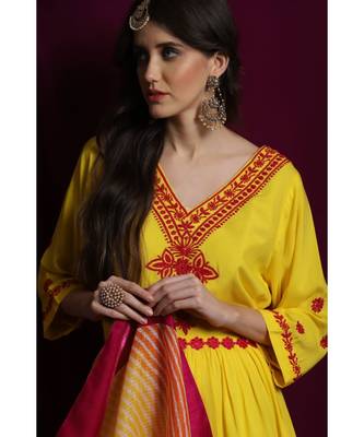Chikankari Yellow rayon kurti  and  garara with pink silk  border paired with yellow kota  leheriya duppatta 4