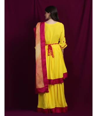 Chikankari Yellow rayon kurti  and  garara with pink silk  border paired with yellow kota  leheriya duppatta 5