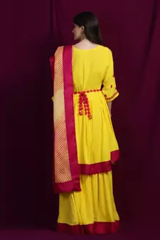 Chikankari Yellow rayon kurti  and  garara with pink silk  border paired with yellow kota  leheriya duppatta