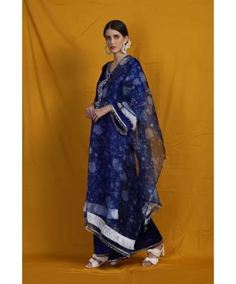 Chikankari Blue velvet garara suit set with printed organza dupatta emblished with silk laces 2