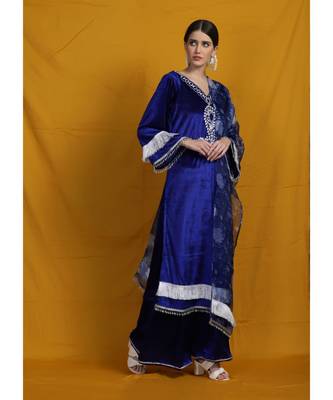 Chikankari Blue velvet garara suit set with printed organza dupatta emblished with silk laces 3