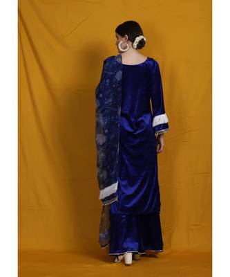 Chikankari Blue velvet garara suit set with printed organza dupatta emblished with silk laces 4