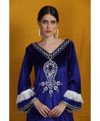 Chikankari Blue velvet garara suit set with printed organza dupatta emblished with silk laces 5