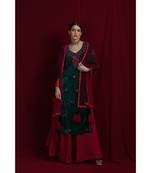 velvet Chikankari green  KURTI WITH ART SILK SKIRT   and net duppata and florel laces