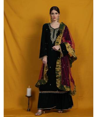 velvet Chikankari green  sharara suit  set with golden embrodriery work and pink net sequenced frill duppatta 1