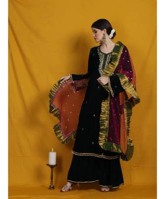 velvet Chikankari green  sharara suit  set with golden embrodriery work and pink net sequenced frill duppatta 2