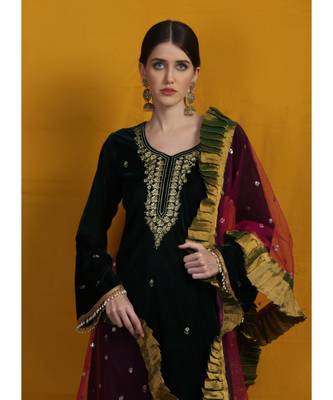 velvet Chikankari green  sharara suit  set with golden embrodriery work and pink net sequenced frill duppatta 3