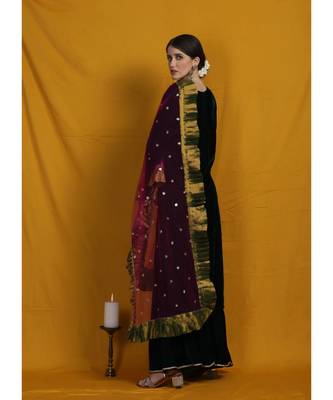 velvet Chikankari green  sharara suit  set with golden embrodriery work and pink net sequenced frill duppatta 4