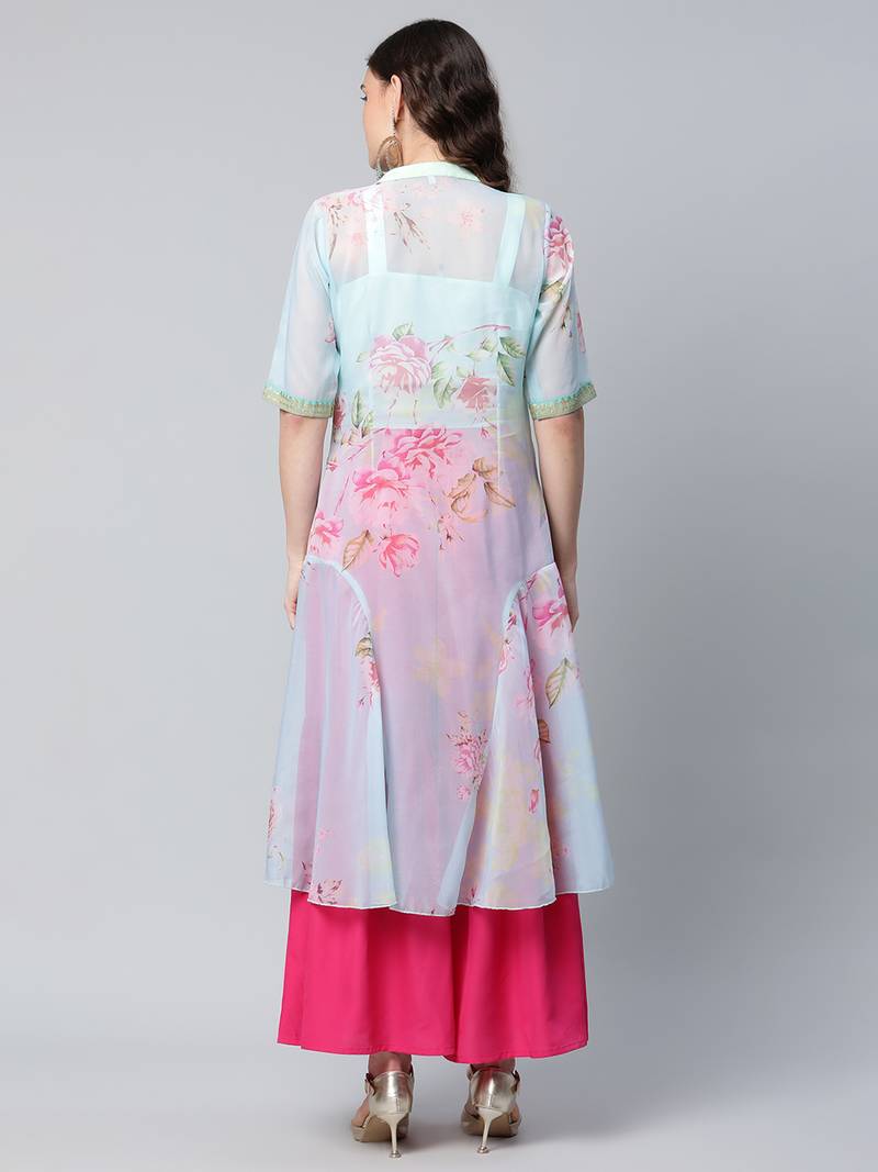 Ahalyaa Women Turquoise Blue & Pink Floral Printed Georgette Kurta with Inner