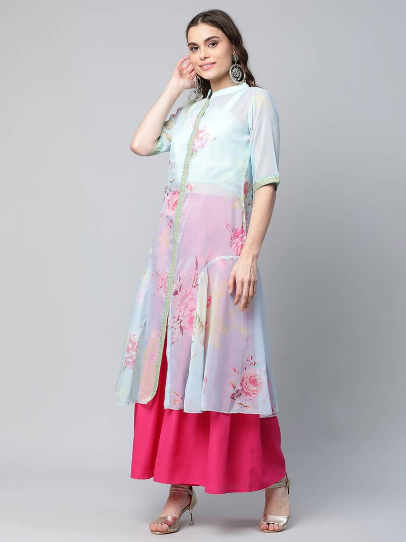 Ahalyaa Women Turquoise Blue & Pink Floral Printed Georgette Kurta with Inner