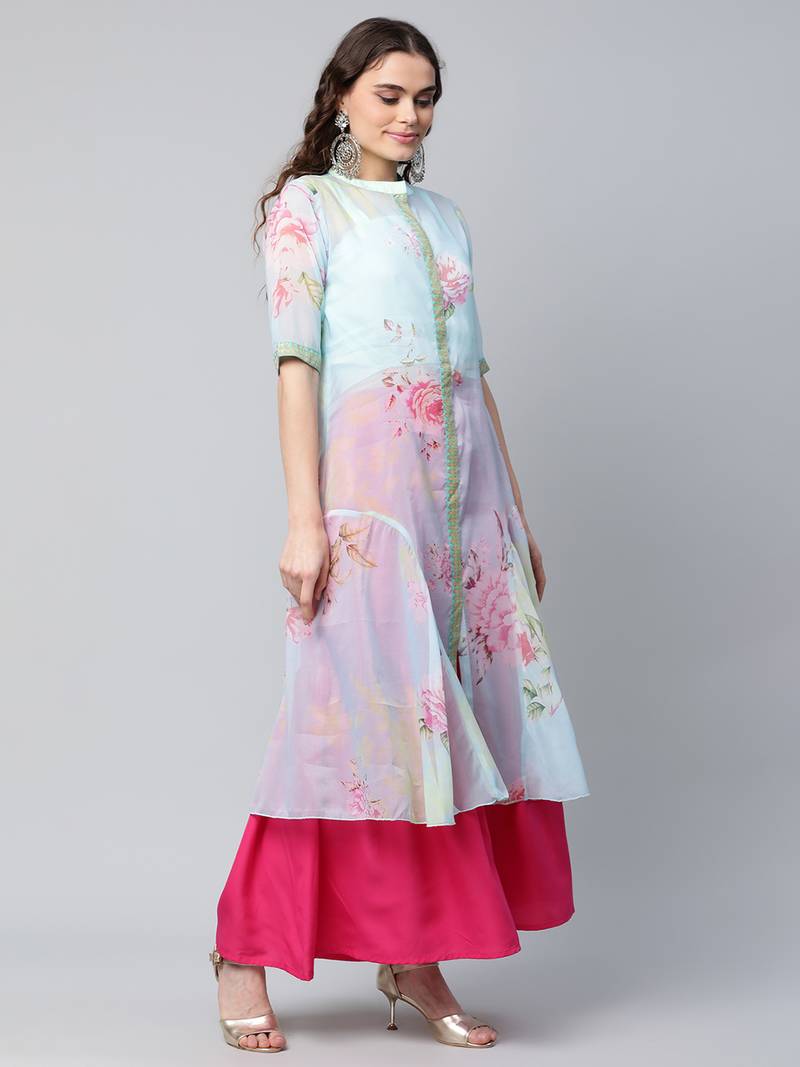 Ahalyaa Women Turquoise Blue & Pink Floral Printed Georgette Kurta with Inner