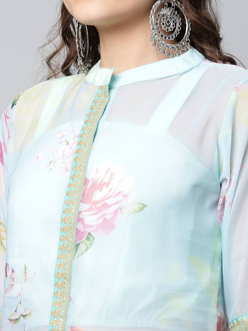 Ahalyaa Women Turquoise Blue & Pink Floral Printed Georgette Kurta with Inner