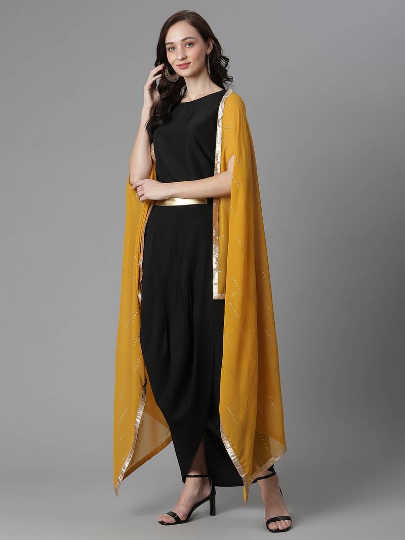 Ahalyaa Women Women Black & Mustard Yellow Top with Skirt