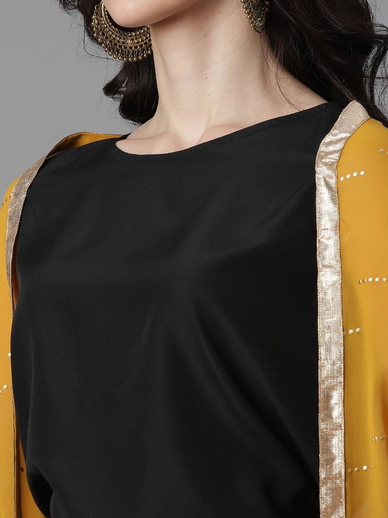 Ahalyaa Women Women Black & Mustard Yellow Top with Skirt