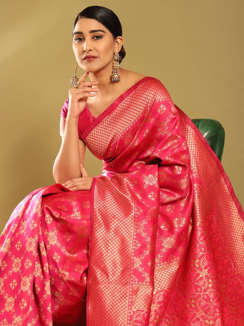 Glemora Pink Designer Ethnic Wear Silk Blend Banarasi Traditional Saree
