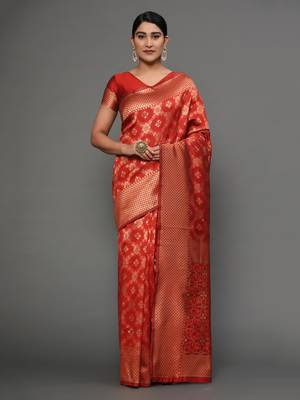 Glemora Red Designer Ethnic Wear Silk Blend Banarasi Traditional Saree 1