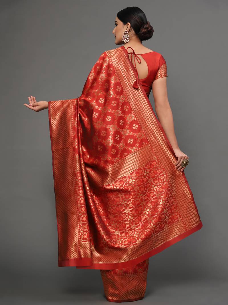 Glemora Red Designer Ethnic Wear Silk Blend Banarasi Traditional Saree
