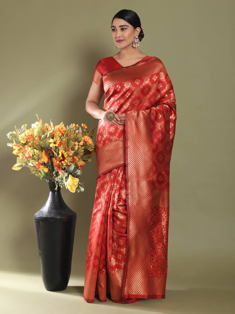 Glemora Red Designer Ethnic Wear Silk Blend Banarasi Traditional Saree