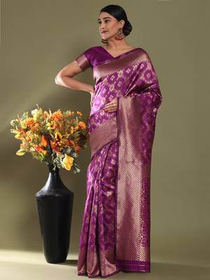 Glemora Wine Designer Ethnic Wear Silk Blend Banarasi Traditional Saree 3