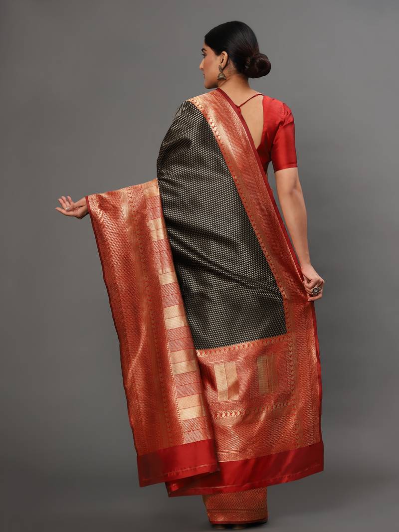 Glemora BlackRed Beautiful Ethnic Wear Silk Blend Banarasi Traditional Saree
