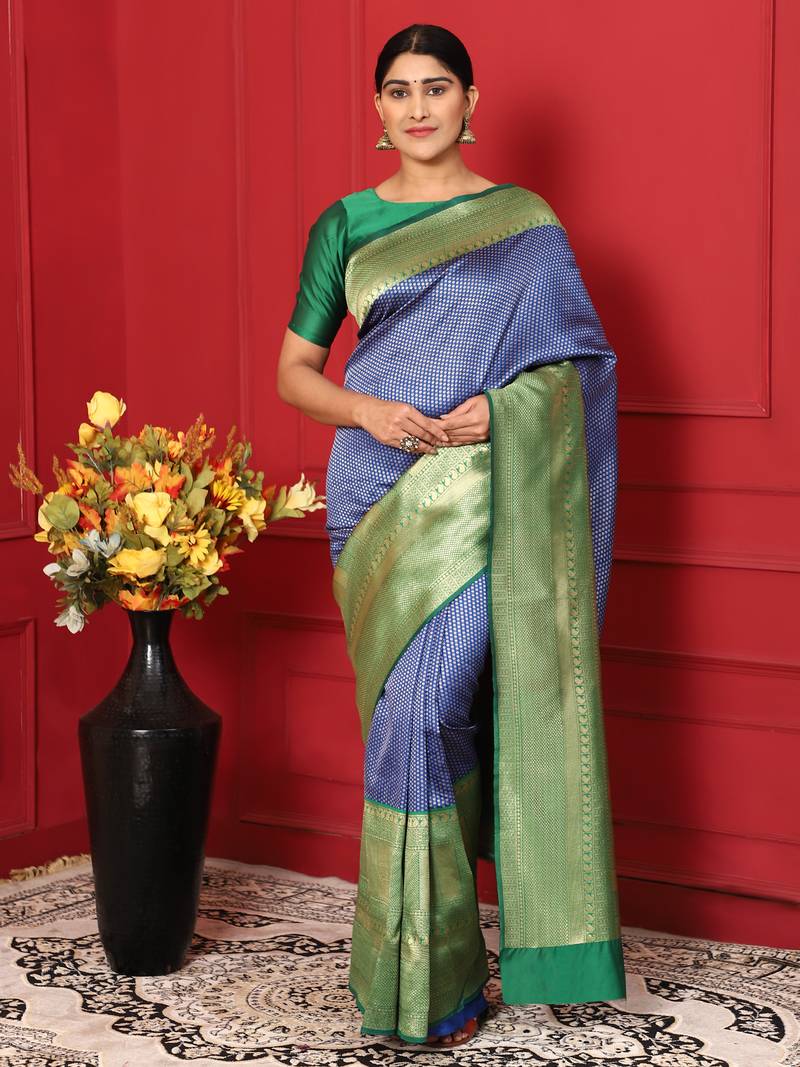 Glemora BlueGreen Beautiful Ethnic Wear Silk Blend Banarasi Traditional Saree