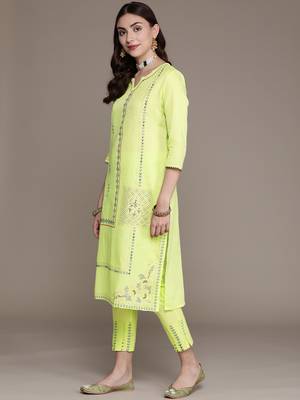 Olive printed cotton kurta sets 2