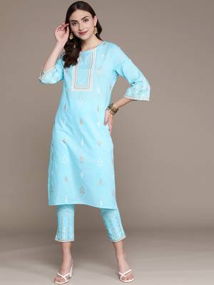 Blue printed cotton kurta sets 1