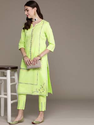 Olive printed cotton kurta sets 5