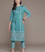 Teal printed cotton kurta sets