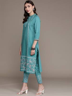 Teal printed cotton kurta sets 2