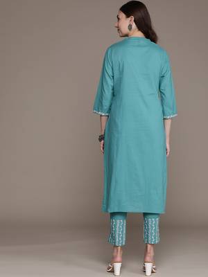 Teal printed cotton kurta sets 3
