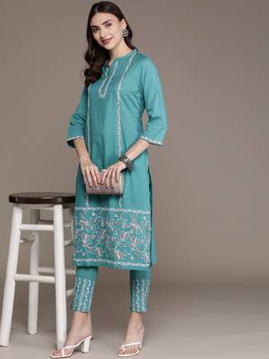 Teal printed cotton kurta sets 5