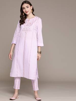 Lavender printed cotton kurta sets 1