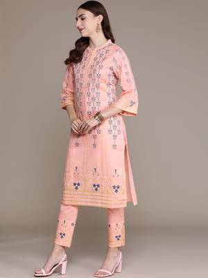 Pink printed cotton kurta sets 2