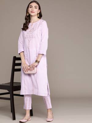 Lavender printed cotton kurta sets 5