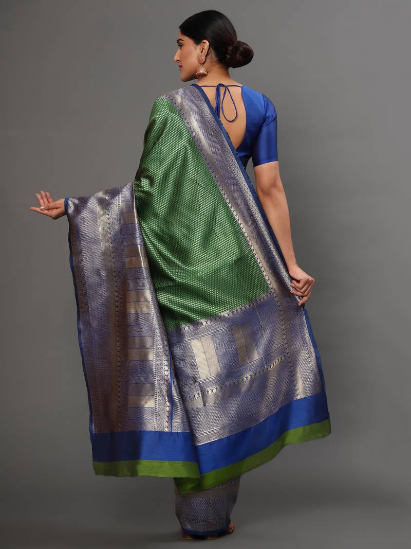 Glemora GreenBlue Beautiful Ethnic Wear Silk Blend Banarasi Traditional Saree