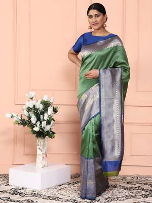 Glemora GreenBlue Beautiful Ethnic Wear Silk Blend Banarasi Traditional Saree 3