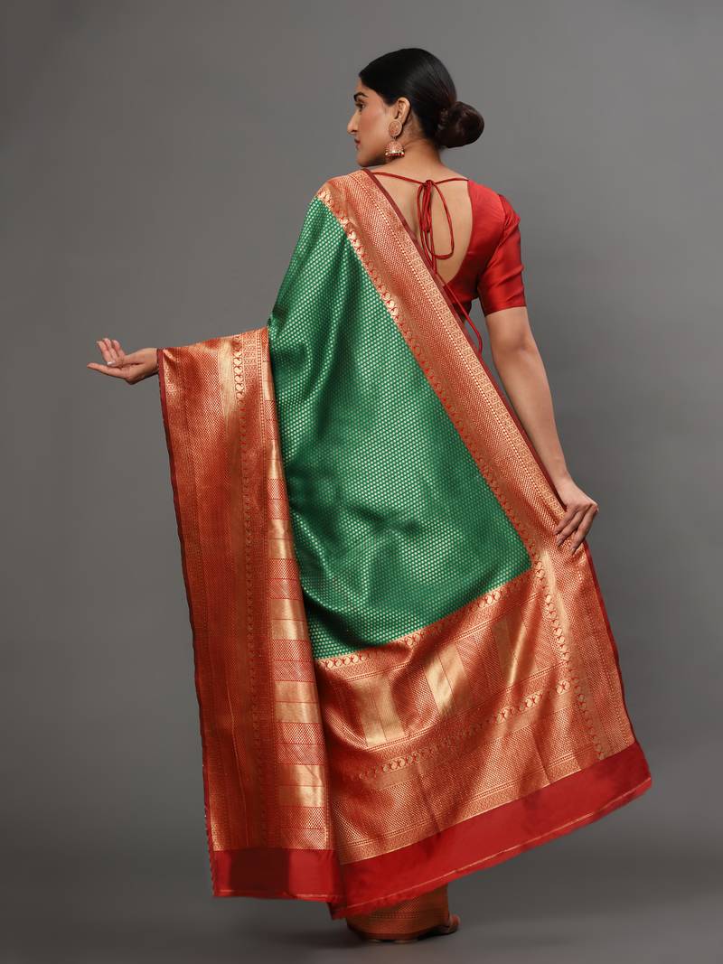 Glemora GreenRed Beautiful Ethnic Wear Silk Blend Banarasi Traditional Saree