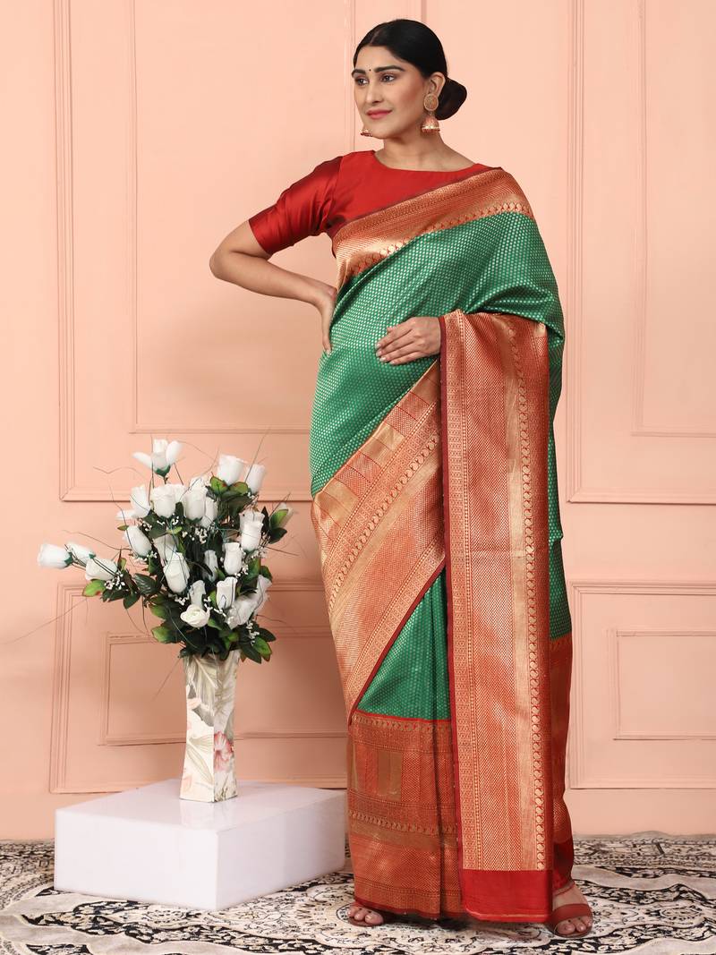 Glemora GreenRed Beautiful Ethnic Wear Silk Blend Banarasi Traditional Saree