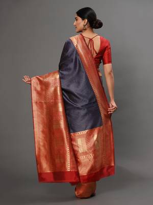 Glemora NevyBlueRed Beautiful Ethnic Wear Silk Blend Banarasi Traditional Saree 2