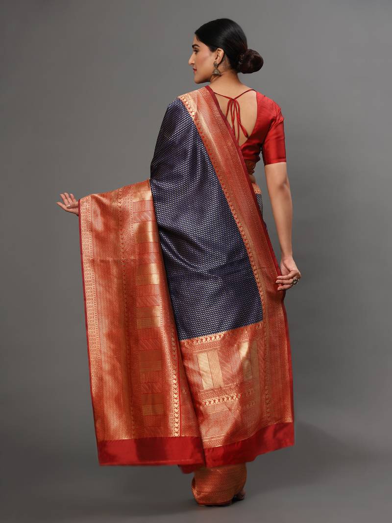Glemora NevyBlueRed Beautiful Ethnic Wear Silk Blend Banarasi Traditional Saree