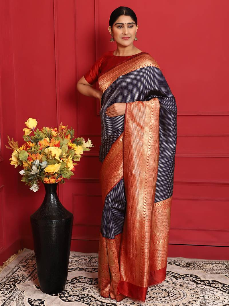 Glemora NevyBlueRed Beautiful Ethnic Wear Silk Blend Banarasi Traditional Saree