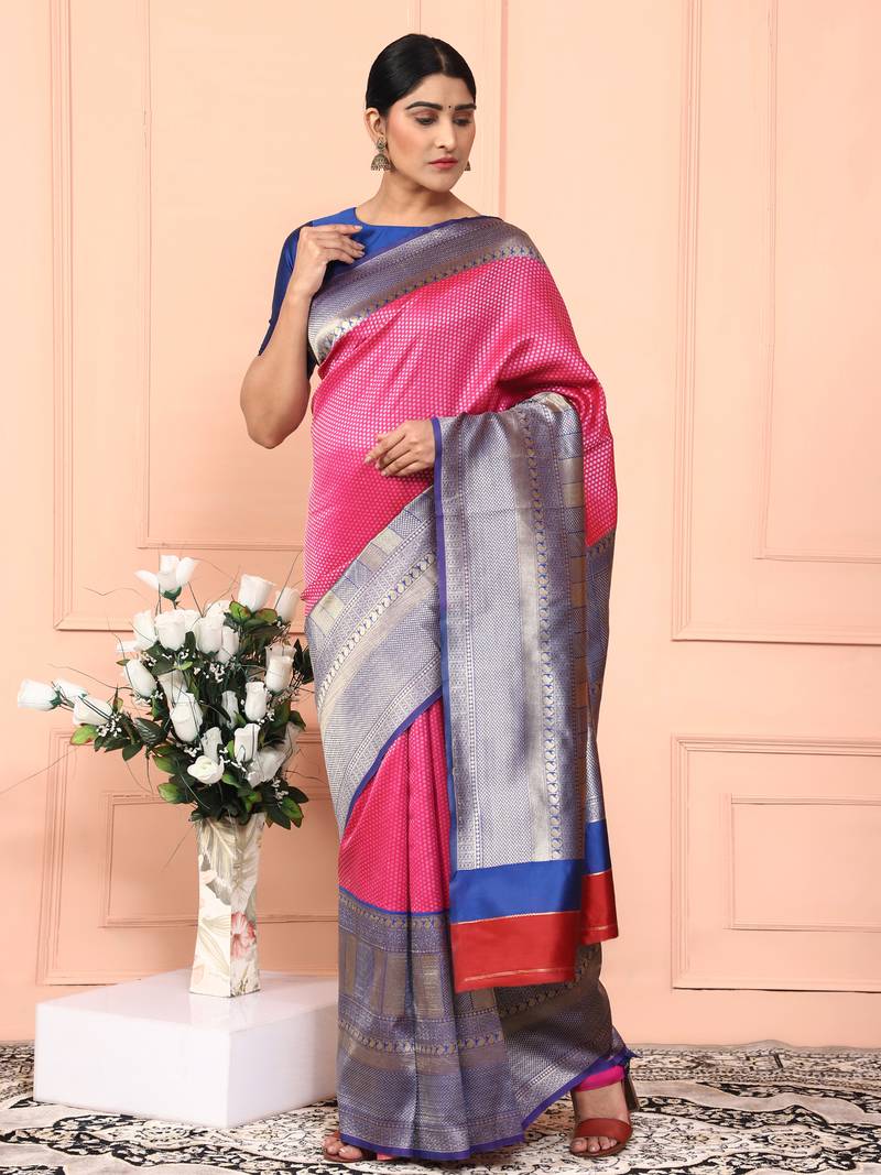 Glemora PinkBlue Beautiful Ethnic Wear Silk Blend Banarasi Traditional Saree