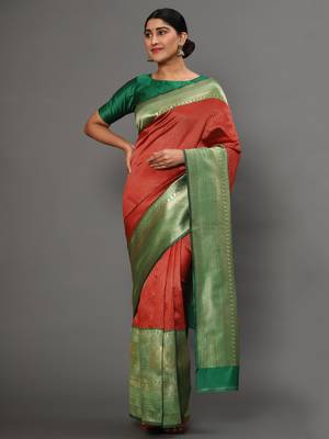 Glemora RedGreen Beautiful Ethnic Wear Silk Blend Banarasi Traditional Saree 1