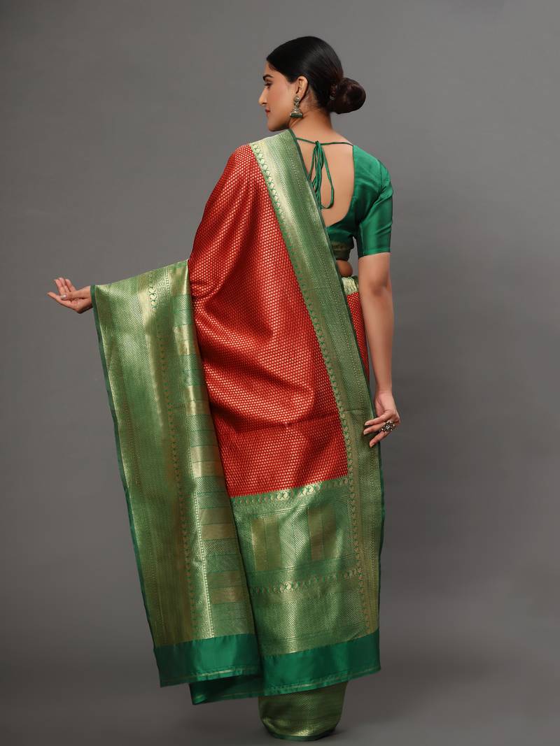 Glemora RedGreen Beautiful Ethnic Wear Silk Blend Banarasi Traditional Saree