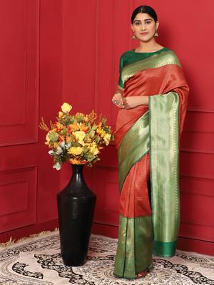 Glemora RedGreen Beautiful Ethnic Wear Silk Blend Banarasi Traditional Saree 3
