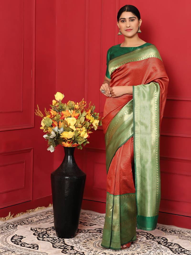Glemora RedGreen Beautiful Ethnic Wear Silk Blend Banarasi Traditional Saree